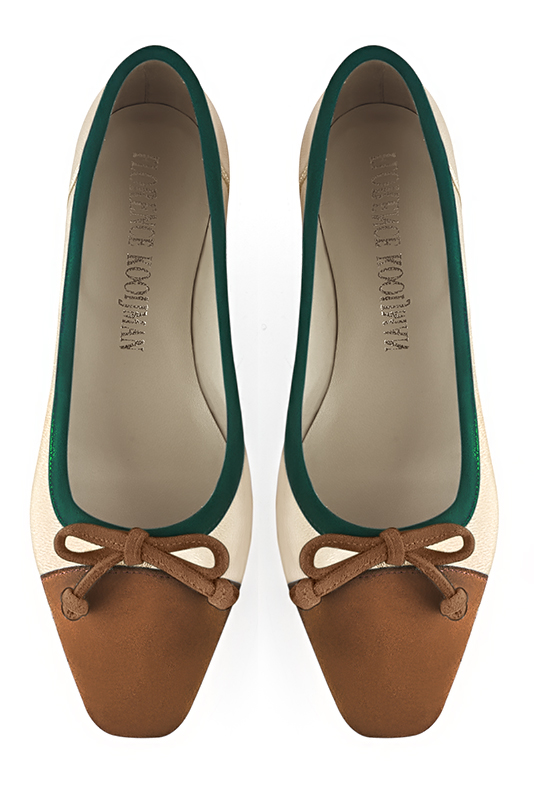 Caramel brown, gold and forest green women's ballet pumps, with low heels. Square toe. Flat flare heels. Top view - Florence KOOIJMAN